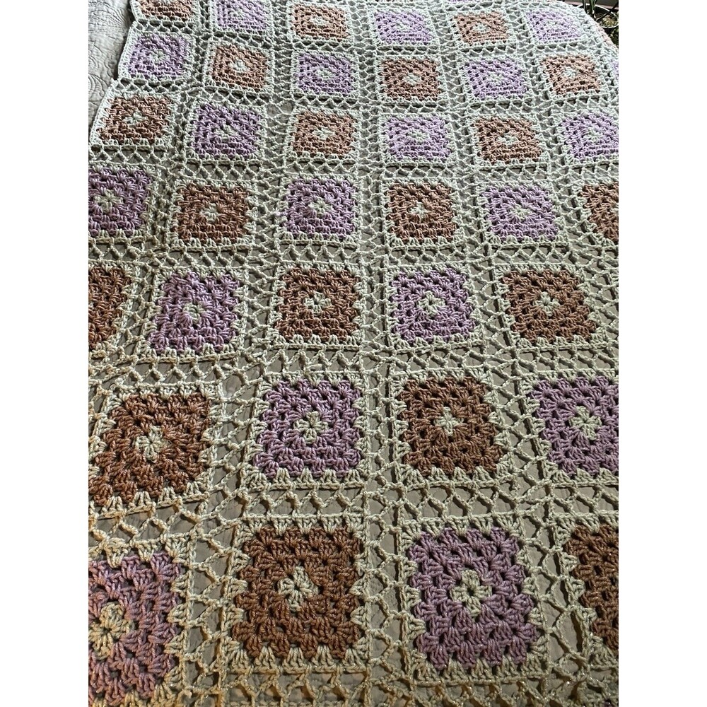 Granny Square Purple Gray Crochet Coverlet Throw Blanket Afghan 53x73 Cottage